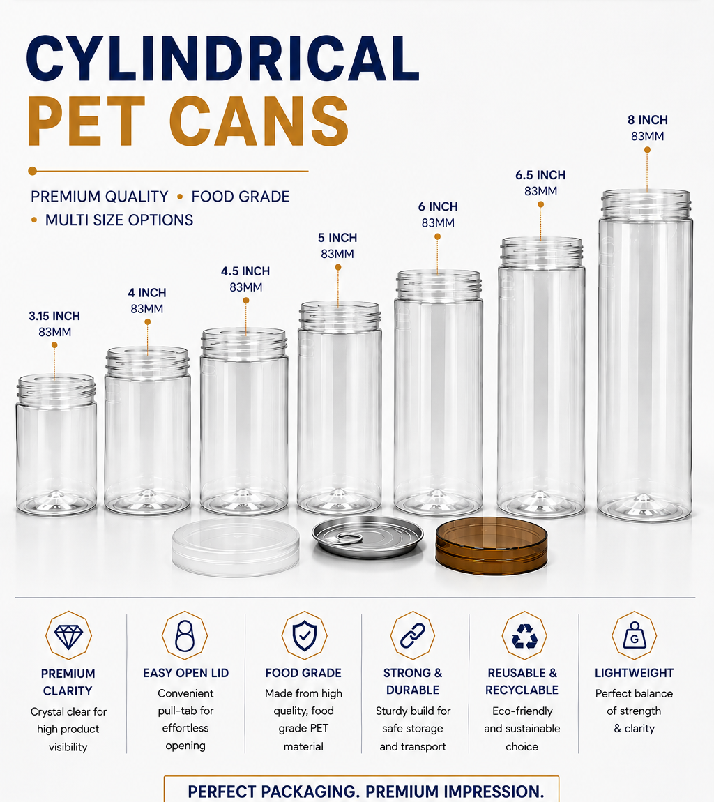 Engineering Impex cylindrical PET cans, available from 3.15 inch to 8 inch, 83mm neck